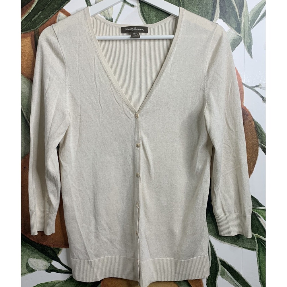 Tommy Bahama Medium Cream Cotton Viscose Ribbed Cardigan Sweater 3/4 Sleeves